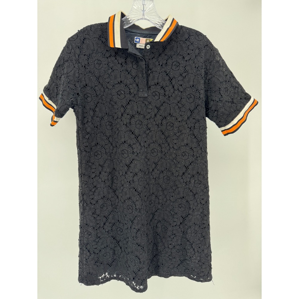 MSGM Made in Italy Black Lace Mini Dress Polo Collar Orange Whiteβ Trim S